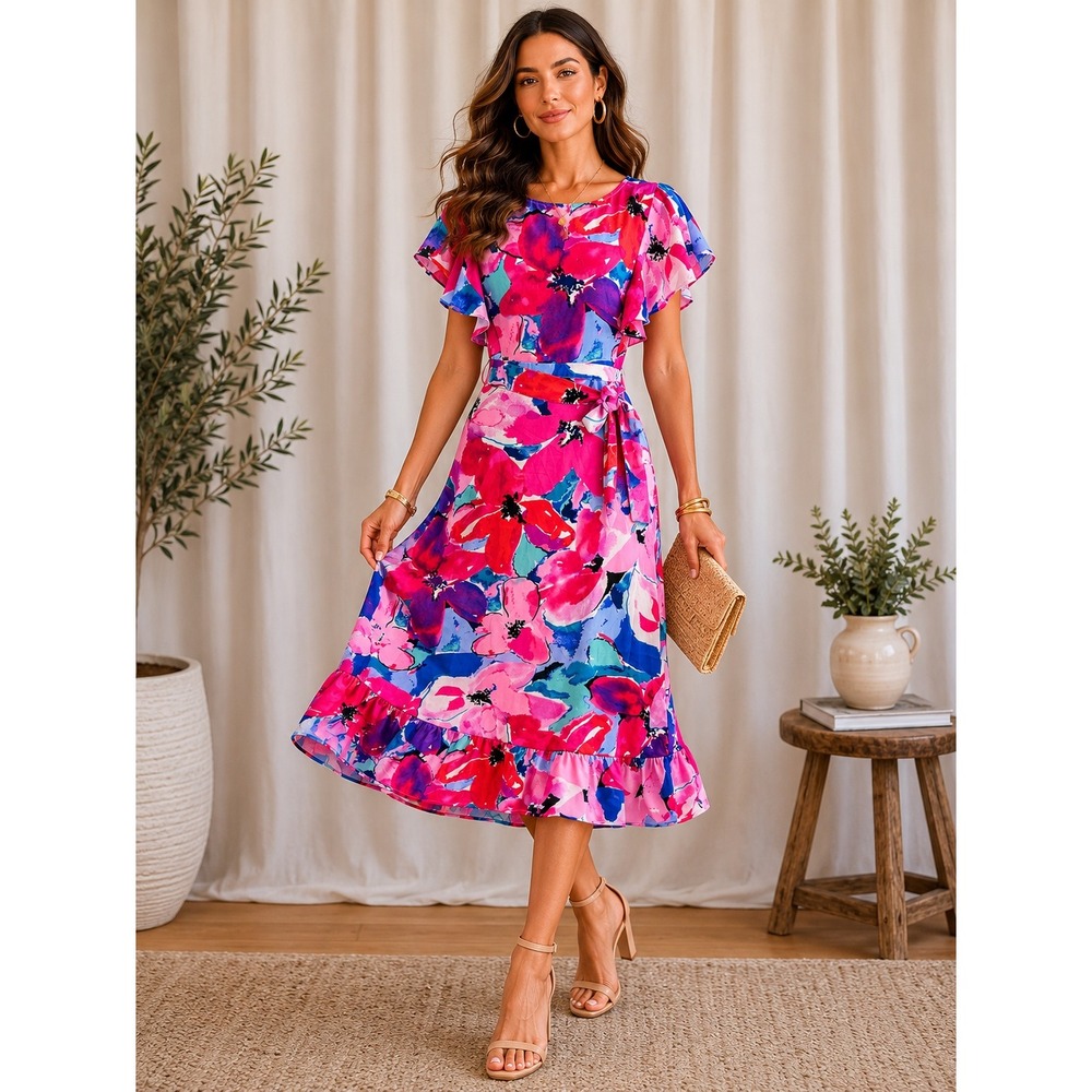 Umgee Pink Blue Floral Ruffle Midi Dress Flutter Sleeve Tie Waist Small